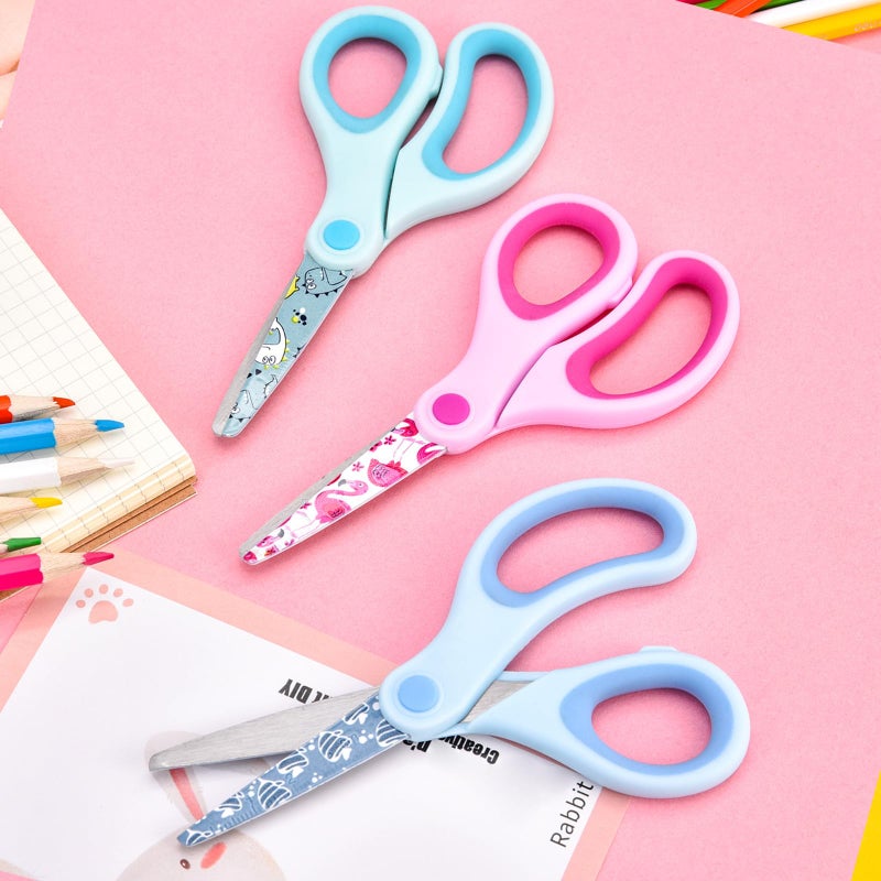 Zicolu 5" Kids Safety Scissors 3 Pack, Blunt-Tip Stainless Steel Blades (Print Design) & Ergonomic Comfort Handles, for Toddlers, Children, Small School Students, Craft Cutting Paper, Assorted Colors - Image 2