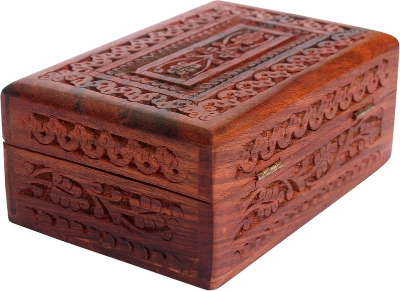 ITOS365 Handmade Wooden Keepsake Storage Case Jewelry Box Jewel Organizer - Floral Hand Carvings with Brass Inlay - Gifts for Women, 6 x 4 Inches, Standard, Wood - Image 2