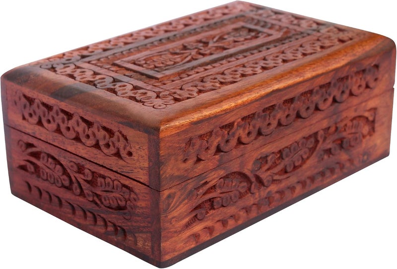 ITOS365 Handmade Wooden Keepsake Storage Case Jewelry Box Jewel Organizer - Floral Hand Carvings with Brass Inlay - Gifts for Women, 6 x 4 Inches, Standard, Wood - Image 1