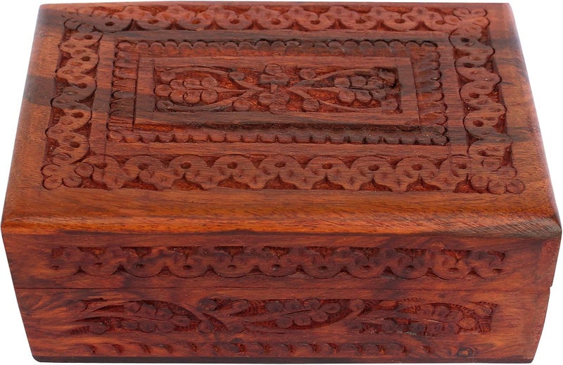 ITOS365 Handmade Wooden Keepsake Storage Case Jewelry Box Jewel Organizer - Floral Hand Carvings with Brass Inlay - Gifts for Women, 6 x 4 Inches, Standard, Wood - Image 4