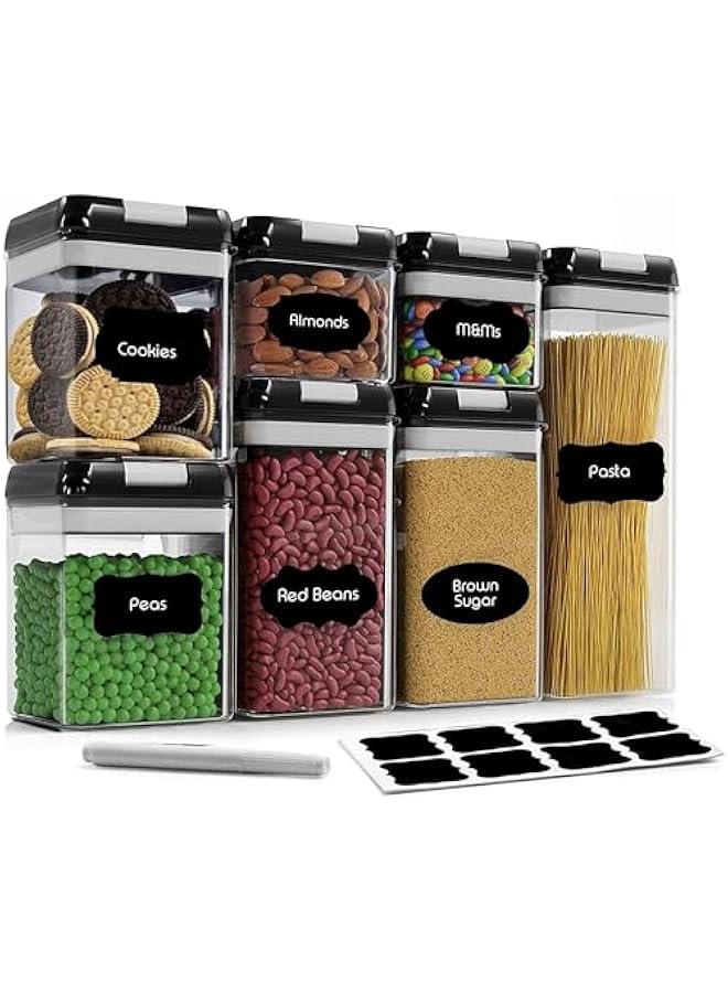 HOOKOR Airtight Food Storage Containers, 7 Pack BPA Free Plastic Cereal Containers with Easy Lock Lids, for Kitchen Pantry Organization and Storage, Include 24 Labels and Marker (Black)  - Image 1