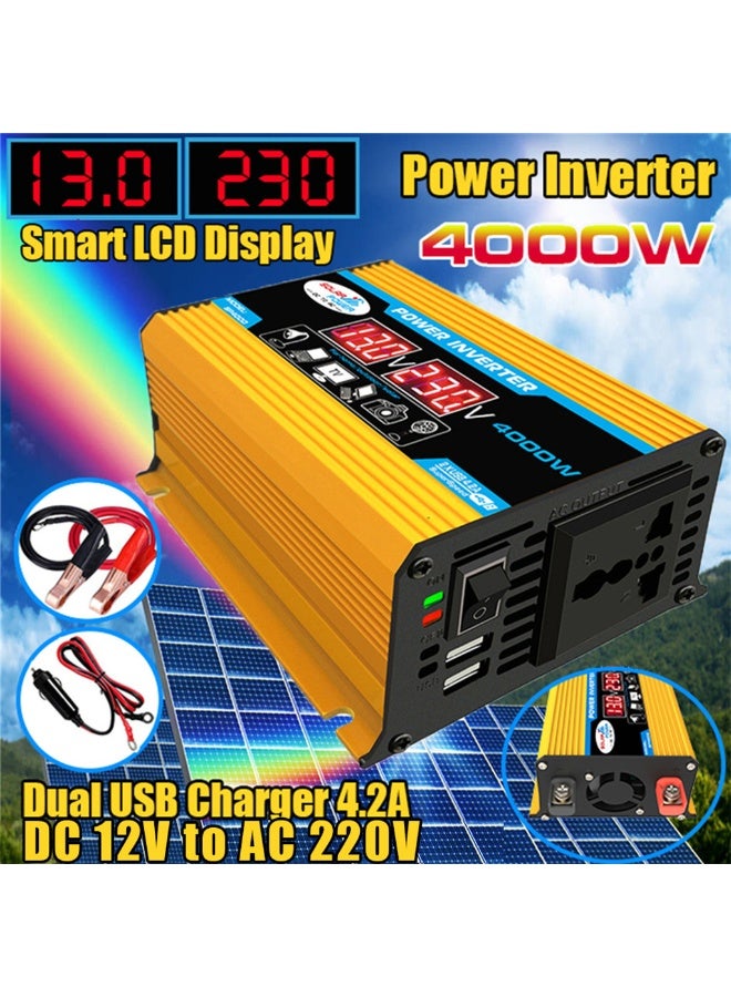 4000W Car Power Inverter DC 12V to AC 220V Converter Modified Sine Wave Inverter High Frequency Watt Power Charger Inverter with Dual USB Port Battery Clips Display Screen