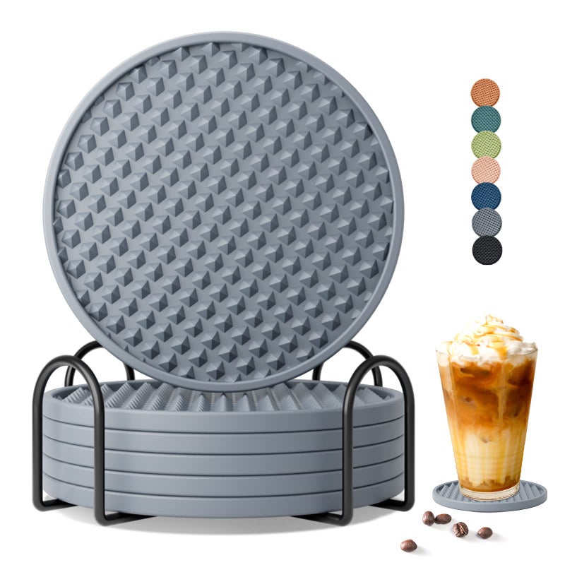 Coga Drink Coasters Set of 6 with Holder Silicone Coasters Tabletop Protection for Any Table Type Wood Stone Tables Dishwasher Safe Coasters for Drinks Fits Any Size of Drinking Glasses Grey