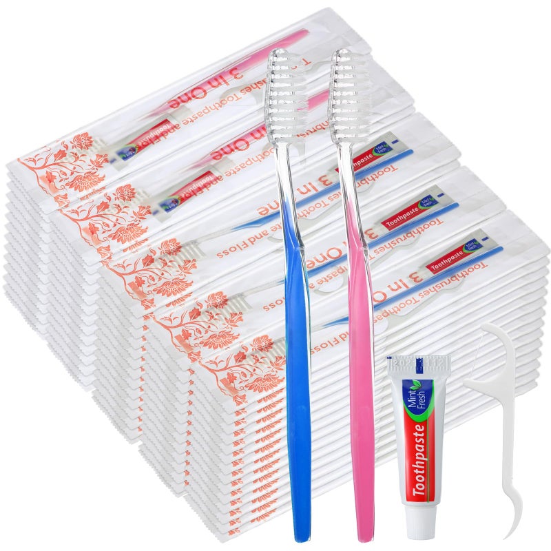 FoldTier 200 Sets Disposable Toothbrushes with Toothpaste and Floss Bulk Individually Wrapped 10g Toothpaste Homeless Hygiene Kit Bulk Homeless Care Package Supply for Travel Shelter Light Blue Pink - Image 2
