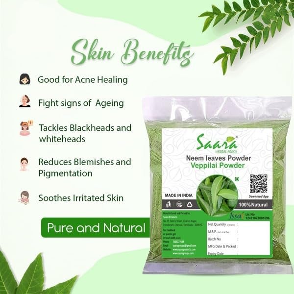 Saara HERBAL FRESH Neem Leaves Powder400 g  Nim ka poder Neem ke Patte Face Pack for Pimples Skin and Hair Care Powder Pack 100 g X 4 - Image 3