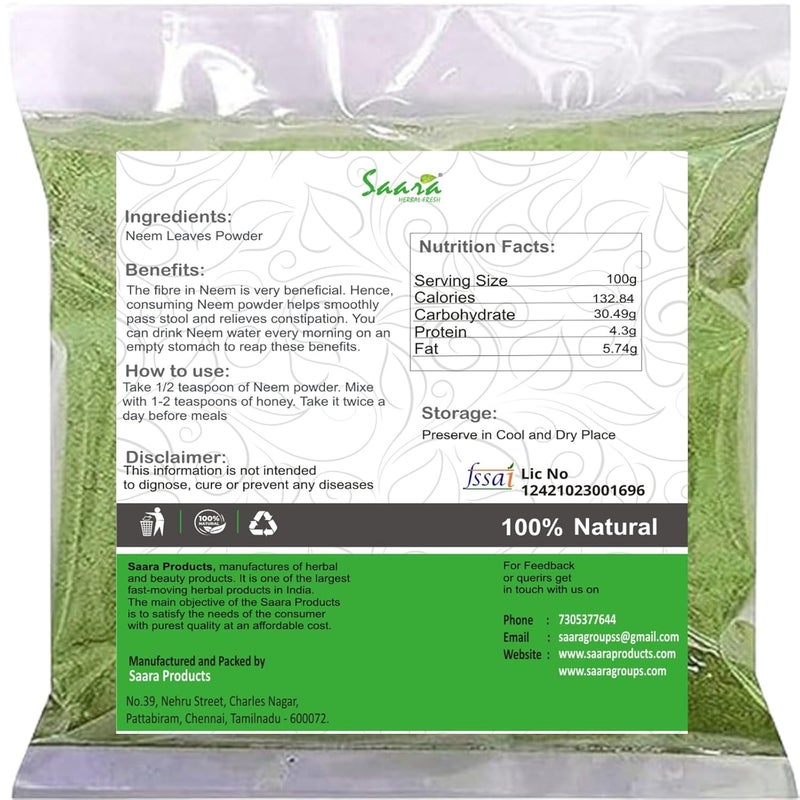 Saara HERBAL FRESH Neem Leaves Powder400 g  Nim ka poder Neem ke Patte Face Pack for Pimples Skin and Hair Care Powder Pack 100 g X 4 - Image 2