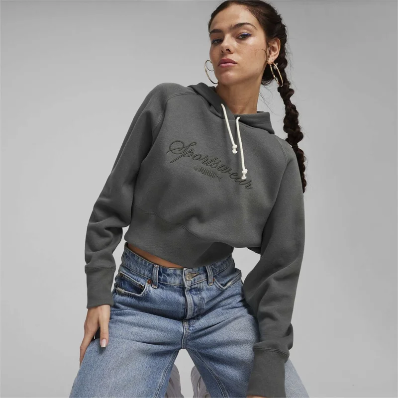 بوما Women's Mineral Gray Classics+ Relaxed Cropped Hoodie Dark Gray Women's Sweatshirt