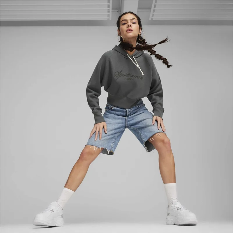 بوما Women's Mineral Gray Classics+ Relaxed Cropped Hoodie Dark Gray Women's Sweatshirt