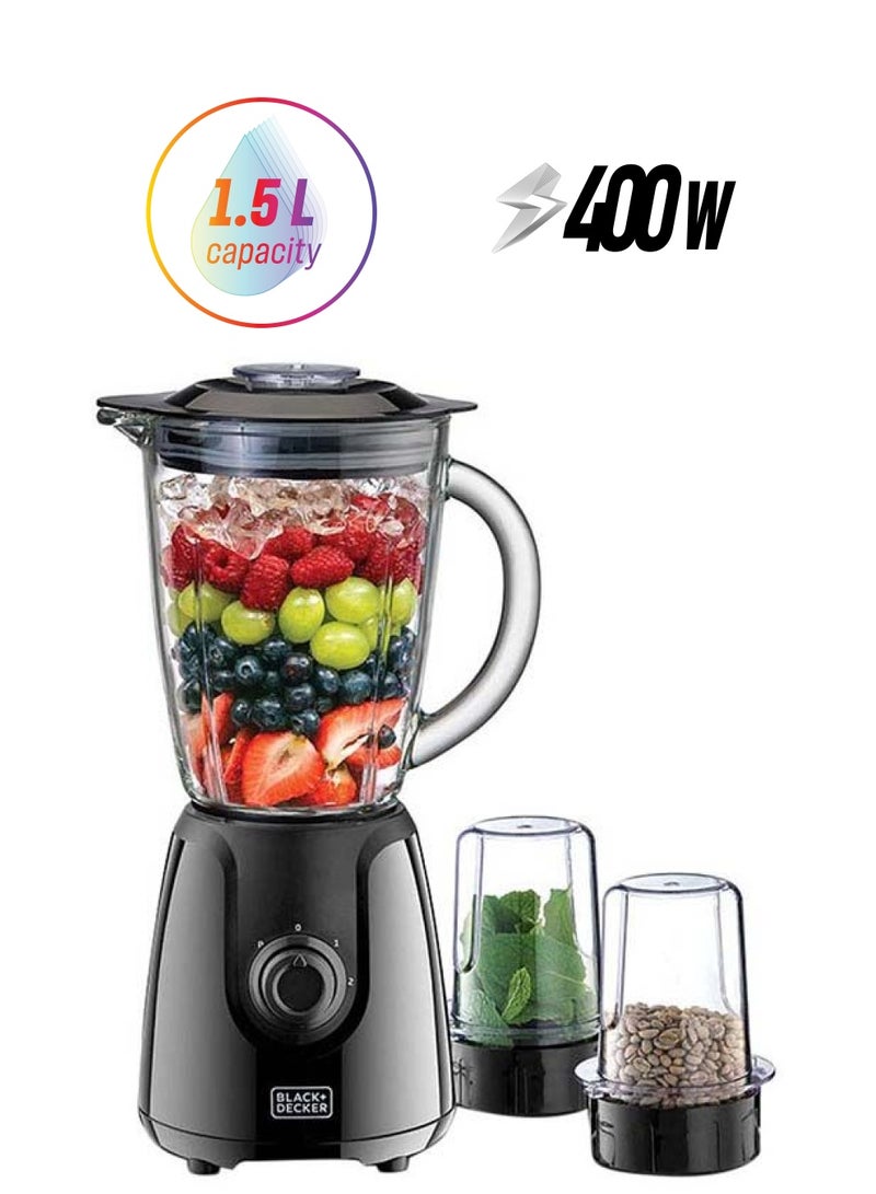 BLACK+DECKER Electric Glass Blender With 2 Grinding Mil 1.5 L 400 W BX440G-B5 Black - Image 1