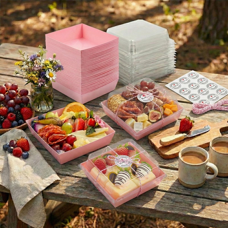 Leafiew 50 Pack Small Clear Treat Boxes - Dessert Boxes To Go - 5Inch Disposable Paper Mini Containers for Cookie, Cake Slice, Charcuterie, Bakery, Pastry, Strawberry, Baked Goods Packaging (Pink) - Image 5