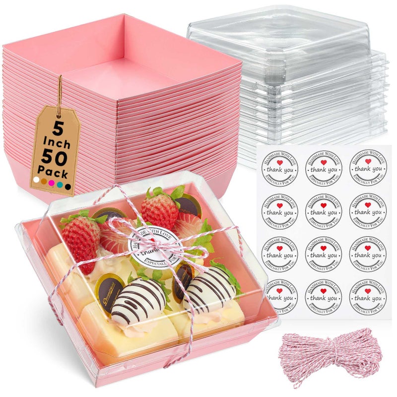 Leafiew 50 Pack Small Clear Treat Boxes - Dessert Boxes To Go - 5Inch Disposable Paper Mini Containers for Cookie, Cake Slice, Charcuterie, Bakery, Pastry, Strawberry, Baked Goods Packaging (Pink) - Image 1