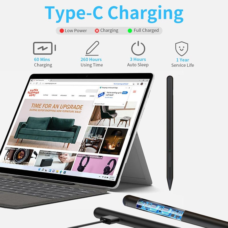 iafer Pen for Microsoft Surface Pro 10/9/8/X/7+/6/5/4/3/Surface 3, Surface Go 4/3/2/1, Surface Laptop/Studio/Book 4/3/2/1 with 4096 Pressure Sensitivity, Palm Rejection, Tilt Function - Image 3