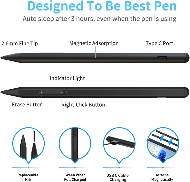 iafer Pen for Microsoft Surface Pro 10/9/8/X/7+/6/5/4/3/Surface 3, Surface Go 4/3/2/1, Surface Laptop/Studio/Book 4/3/2/1 with 4096 Pressure Sensitivity, Palm Rejection, Tilt Function - Image 4
