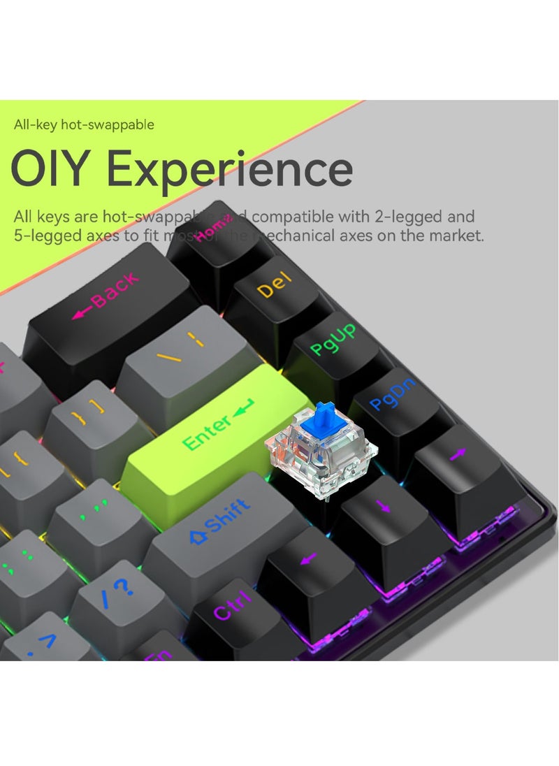 Flash Hawk - 65% Wired RGB Gaming Keyboard, 68 Keys Blue Switch Hot-Swappable Compact Mechanical Keyboard for PC/Computer-Black Green - Image 1