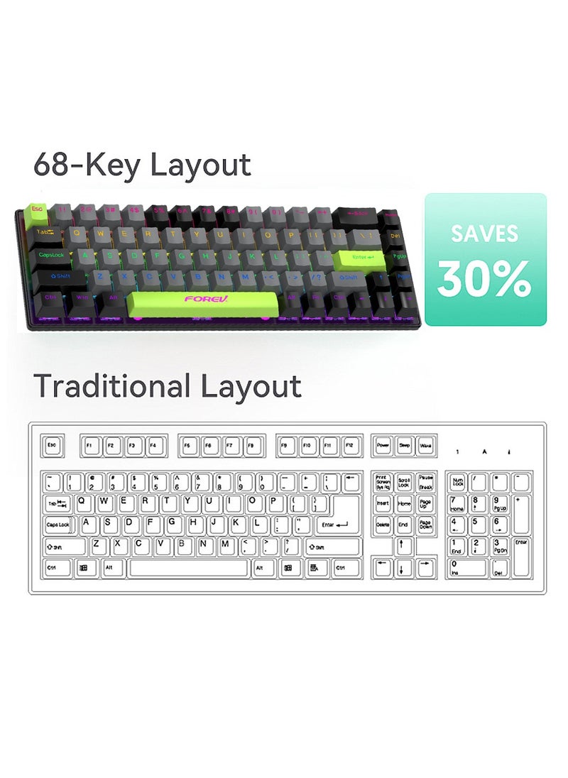Flash Hawk - 65% Wired RGB Gaming Keyboard, 68 Keys Blue Switch Hot-Swappable Compact Mechanical Keyboard for PC/Computer-Black Green - Image 1