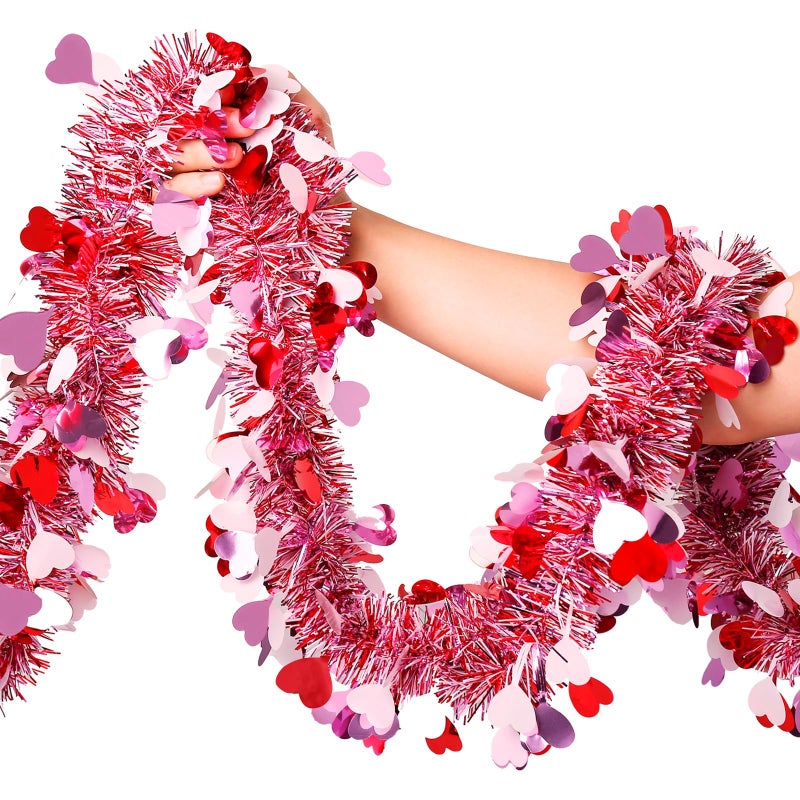 Hongsome Valentines Garland Decor,50Ft Glitter Tinsel Heart Garland Decorations for Tree Mantle Bedroom Office Classroom Party Indoor Outdoor Holiday Home Pink Red White - Image 1