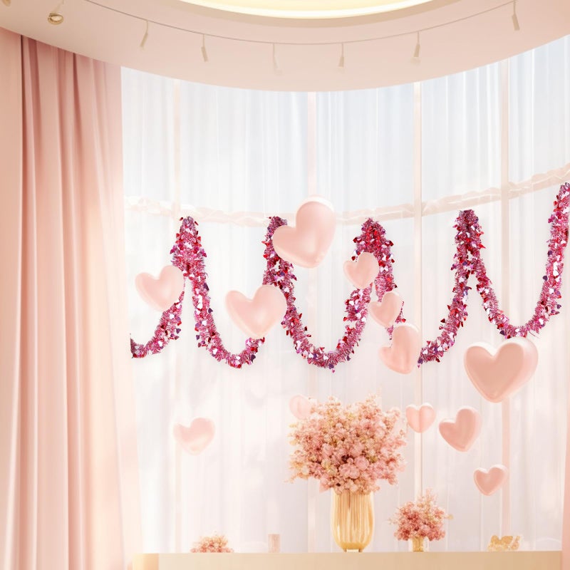 Hongsome Valentines Garland Decor,50Ft Glitter Tinsel Heart Garland Decorations for Tree Mantle Bedroom Office Classroom Party Indoor Outdoor Holiday Home Pink Red White - Image 4