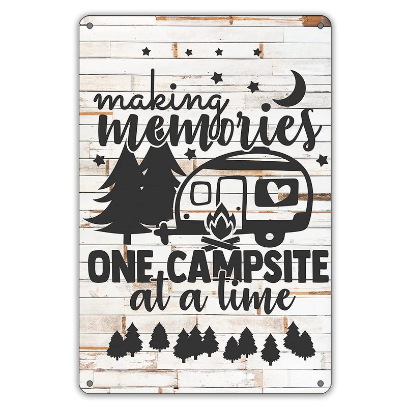 QIONGQI Funny Making Memories One Campsite at a Time Metal Tin Sign Wall Decor Farmhouse Rustic Camping Signs for Home Garage Men Cave Yard Decor Camper Gifts Wooden Style