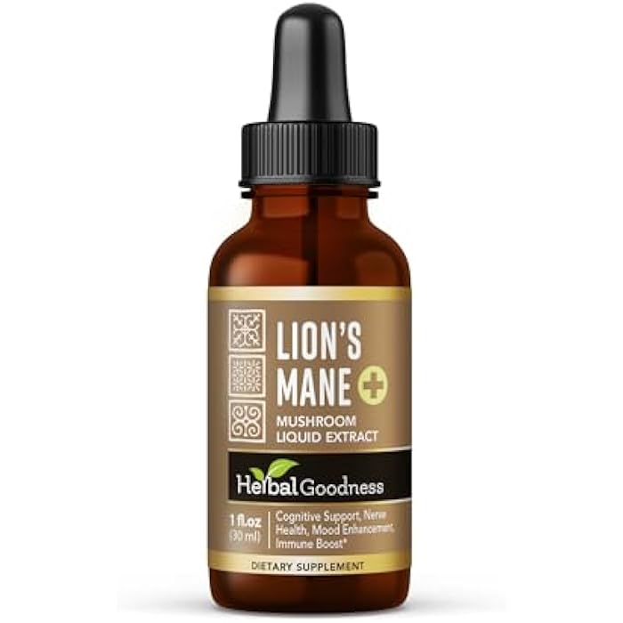 Herbal Goodness Lions Mane Mushroom Supplement Liquid 1 fl.oz - Brain & Focus Support, Nootropic USDA Organic Lions Mane Extract Tincture, Brain Health Supplement, Non GMO, Sugar & Alcohol Free - Image 1