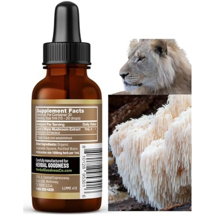 Herbal Goodness Lions Mane Mushroom Supplement Liquid 1 fl.oz - Brain & Focus Support, Nootropic USDA Organic Lions Mane Extract Tincture, Brain Health Supplement, Non GMO, Sugar & Alcohol Free - Image 2