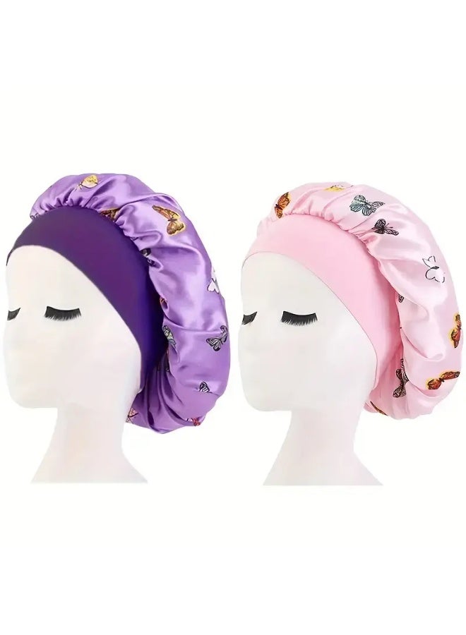 LANGMANNI 2 pc Butterfly Flower Pattern Satin Wide-Brimmed Sleep Cap Hair Protection Hat Beauty and Haircare Cap - Image 1