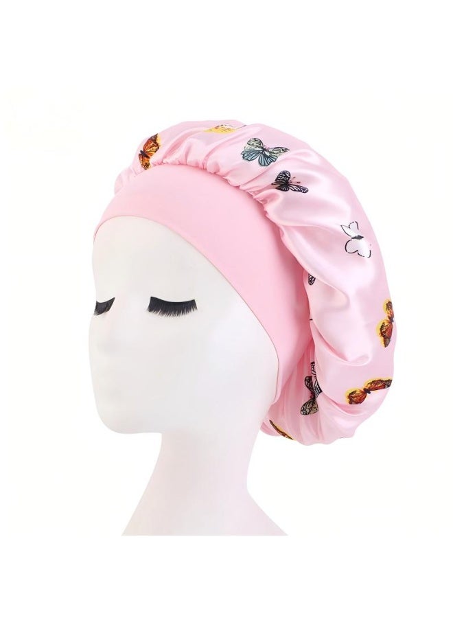 LANGMANNI 2 pc Butterfly Flower Pattern Satin Wide-Brimmed Sleep Cap Hair Protection Hat Beauty and Haircare Cap - Image 2