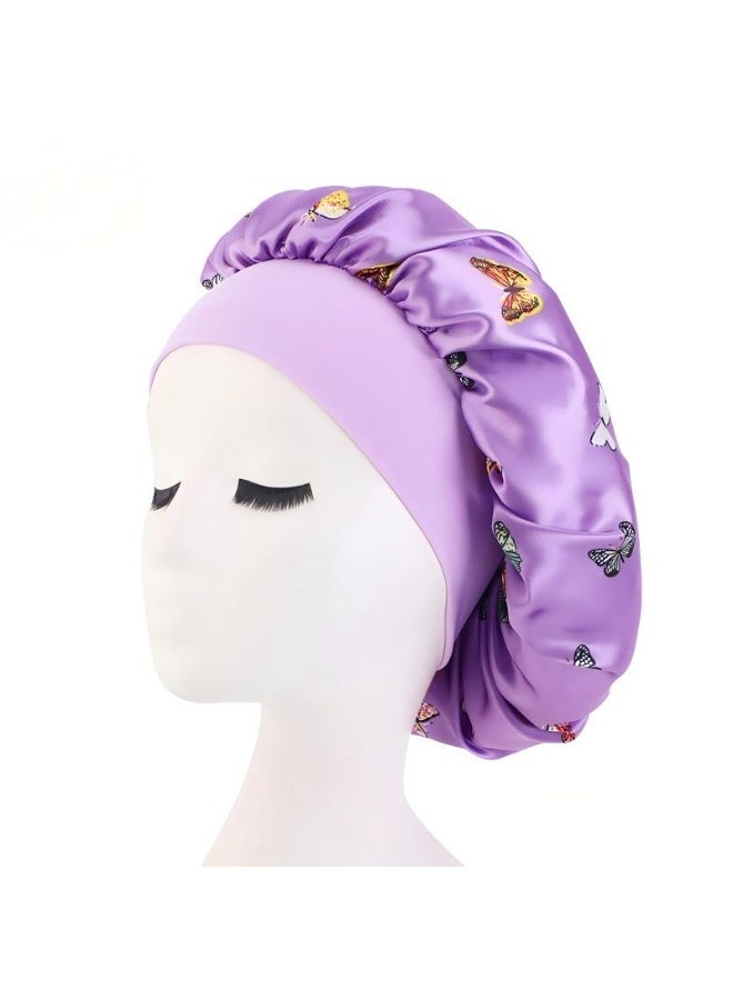 LANGMANNI 2 pc Butterfly Flower Pattern Satin Wide-Brimmed Sleep Cap Hair Protection Hat Beauty and Haircare Cap - Image 3