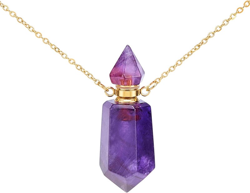 CHGCRAFT CHGCRAFT 19.29 Inch Natural Amethyst Stone Essential Oil Diffuser Perfume Bottle Pendant Necklace Jewelry with Golden Chain for Womens Perfume Vial Pendant Necklace Jewelry Unique Gift