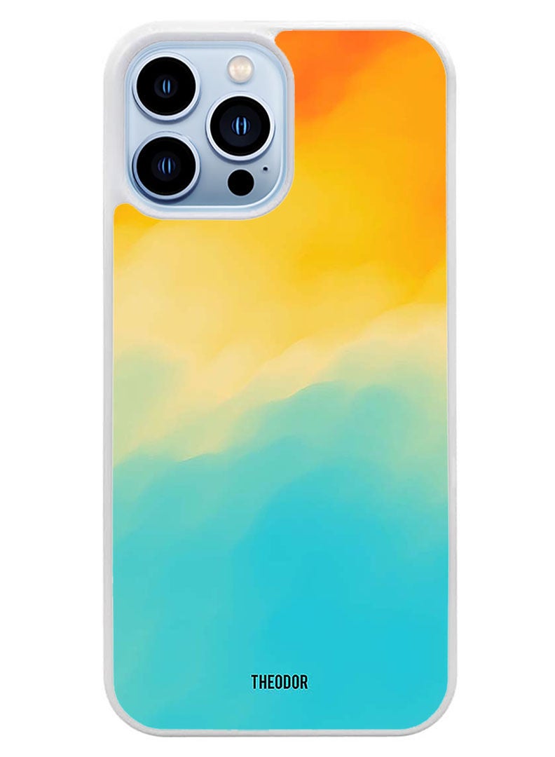 Theodor غطاء حماية لجهاز آبل آيفون 14 برو بألوان البرتقالي والأصفر والأزرق (حافة بيضاء) - Image 1