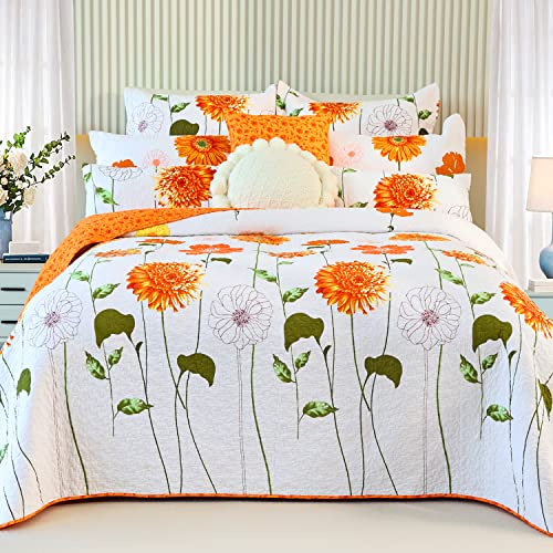 EVENHUG 100% Cotton Quilt Twin Size Orange Sunflower Bedding Set Floral Lightweight Quilt Reversible Coverlet Bedspread with1 Pillow Shams All Seasons 2 Pieces (68"x86") - Image 1