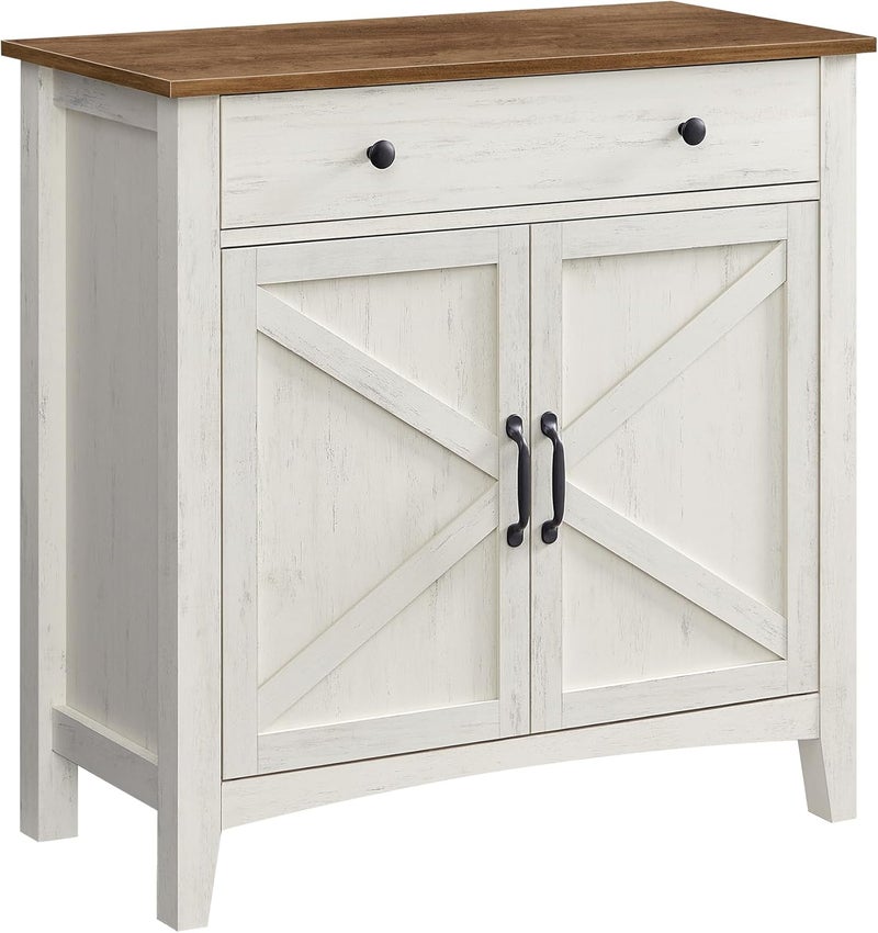 Sideboard, Storage Cabinet with Drawer, Kitchen Cabinet with Doors and Height Adjustable Shelf, Farmhouse Style, for Living Room, Dining Room, Rustic White and Honey Brown BBK341W01 - Image 1