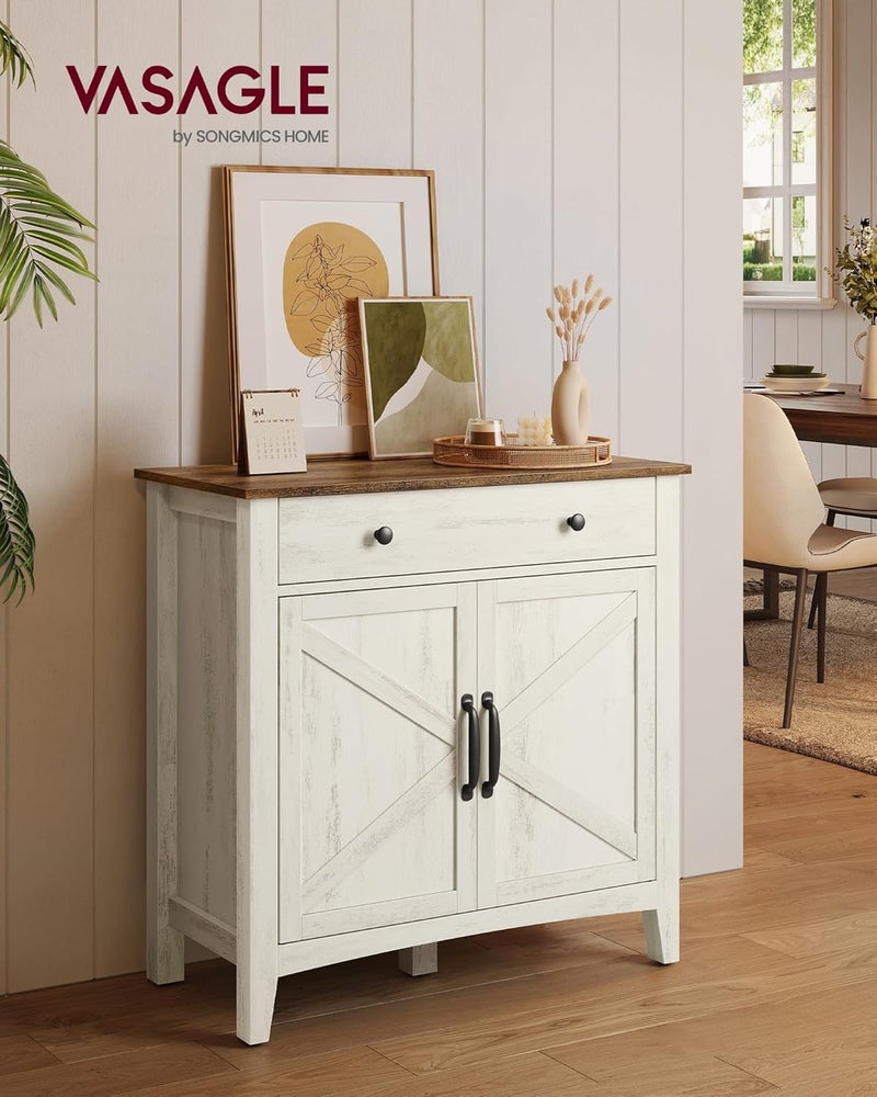 Sideboard, Storage Cabinet with Drawer, Kitchen Cabinet with Doors and Height Adjustable Shelf, Farmhouse Style, for Living Room, Dining Room, Rustic White and Honey Brown BBK341W01 - Image 2