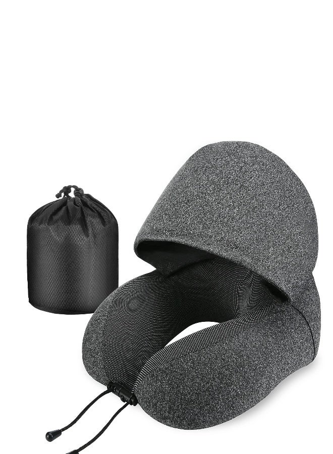 Neck Pillow for Travel, Memory Foam Travel Pillow with Hood, Adult Airplane Pillow for Head Rest Neck Support, Portable Pillow for Office Cars Trains Long Flights Sleeping, Deep Grey - Image 1