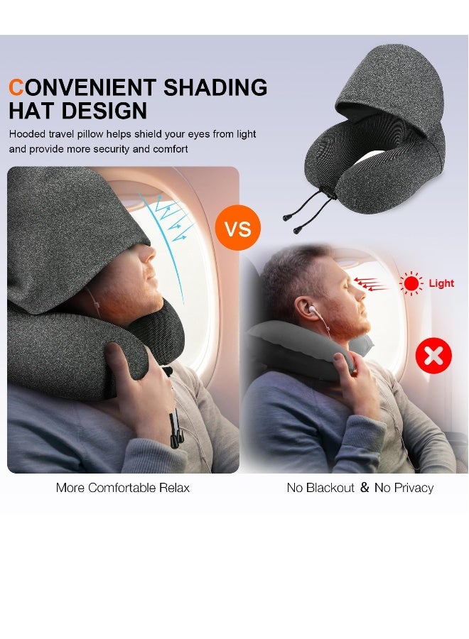 Neck Pillow for Travel, Memory Foam Travel Pillow with Hood, Adult Airplane Pillow for Head Rest Neck Support, Portable Pillow for Office Cars Trains Long Flights Sleeping, Deep Grey - Image 2
