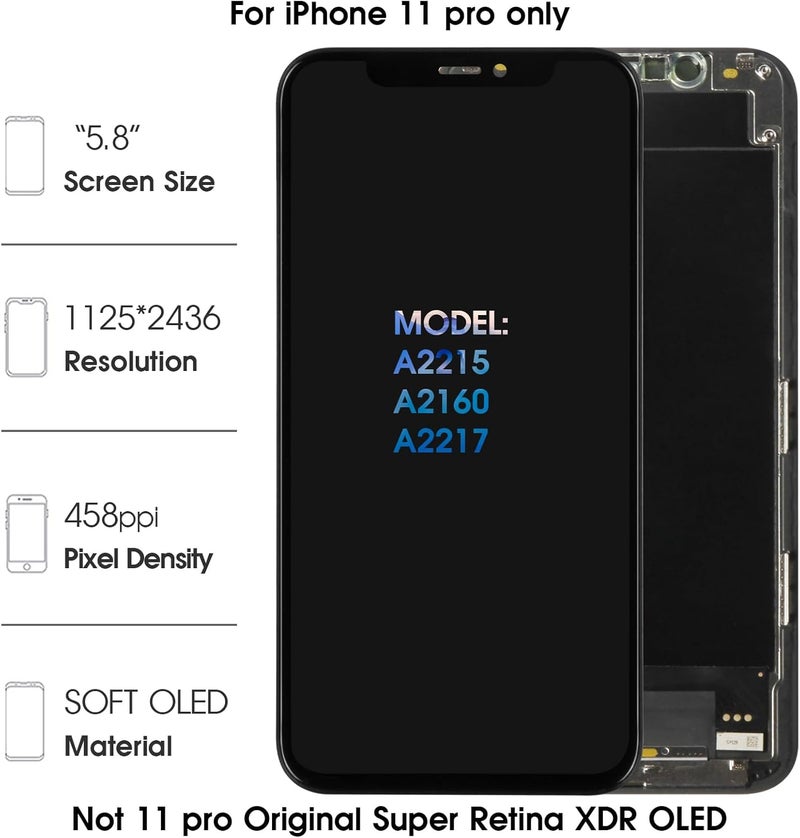 Olivechard Soft OLED 11 Pro LCD Screen Replacement for iPhone 11 Pro 5.8 inch [Soft OLED,NOT LCD] 3D Touch OLED LCD Display Touch Digitizer Screen Assembly A2215 A2160 A2217 with Repair Tools - Image 2