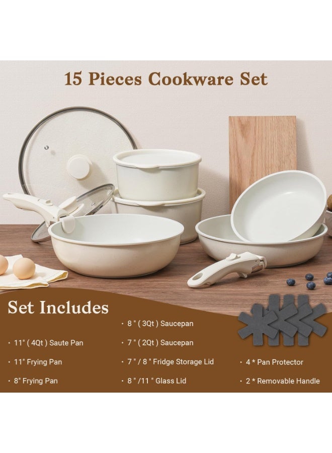 GOGOGO 15Pcs Pots And Pans Set Non Stick, Cookware Sets With Detachable Handle, Nonstick Rv Kitchen Cooking Removable Handles, Oven Safe, Induction Fast, Stackable Non-Stick Set, White - Image 3
