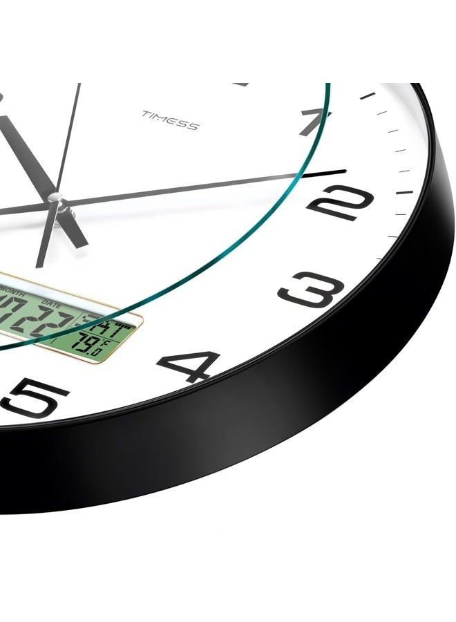 TIMESS Wall Clock, 12" Dial Non-Ticking Silent Battery Operated Analog with LCD Display for Perpetual Calendar and F° Temperature, Ideal Modern Home, Bedroom, Kitchen, Office Decor (Black) - Image 2