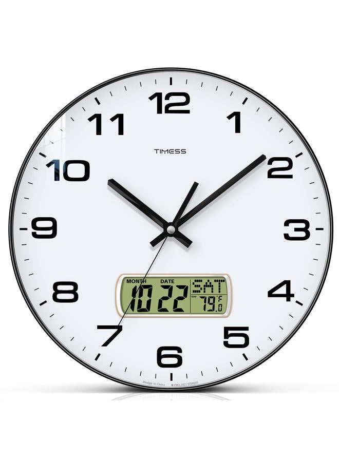 TIMESS Wall Clock, 12" Dial Non-Ticking Silent Battery Operated Analog with LCD Display for Perpetual Calendar and F° Temperature, Ideal Modern Home, Bedroom, Kitchen, Office Decor (Black) - Image 1