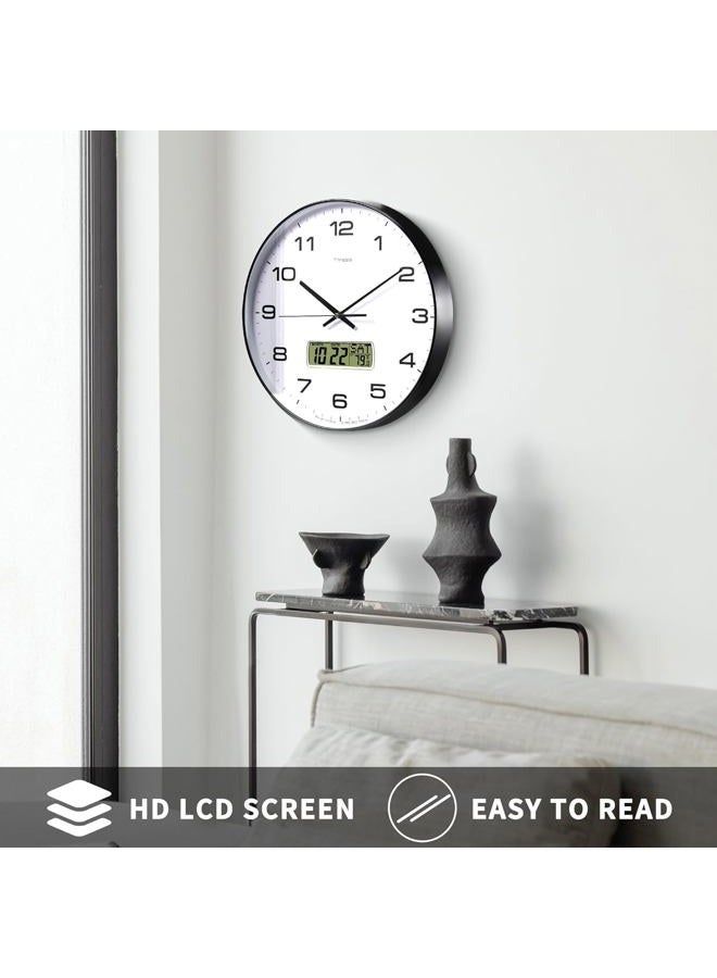 TIMESS Wall Clock, 12" Dial Non-Ticking Silent Battery Operated Analog with LCD Display for Perpetual Calendar and F° Temperature, Ideal Modern Home, Bedroom, Kitchen, Office Decor (Black) - Image 5