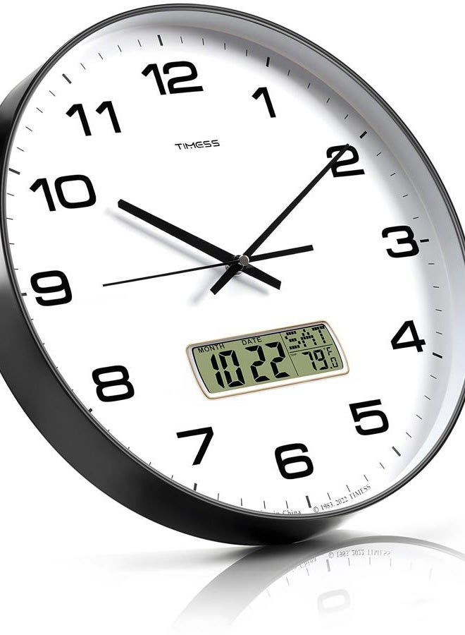 TIMESS Wall Clock, 12" Dial Non-Ticking Silent Battery Operated Analog with LCD Display for Perpetual Calendar and F° Temperature, Ideal Modern Home, Bedroom, Kitchen, Office Decor (Black) - Image 4