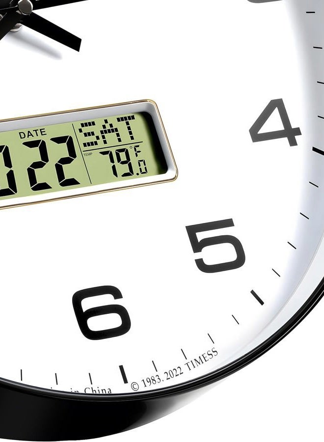 TIMESS Wall Clock, 12" Dial Non-Ticking Silent Battery Operated Analog with LCD Display for Perpetual Calendar and F° Temperature, Ideal Modern Home, Bedroom, Kitchen, Office Decor (Black) - Image 3