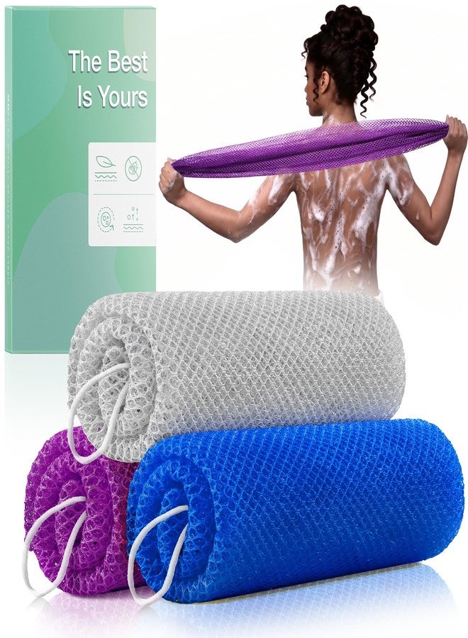 RIUOTA African Net Sponge Authentic, 3 Pack Exfoliating Body Scrubber Sponge, Deep Cleansing Shower Bath Sponge, Reusable Skin Bath Accessories for Men Women(Blue,Purple,Grey) - Image 1