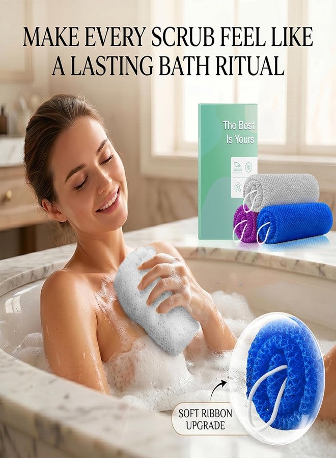 RIUOTA African Net Sponge Authentic, 3 Pack Exfoliating Body Scrubber Sponge, Deep Cleansing Shower Bath Sponge, Reusable Skin Bath Accessories for Men Women(Blue,Purple,Grey) - Image 3