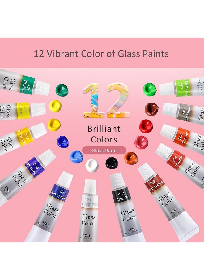 Colorful - Stain Glass Paint Kit With 12 Colors 3 Nylon Brushes 1 Palette Permanent Acrylic Enamel Painting Set To Create Translucent Arts On Transparent Wine Glasses Enamel Window And Glass - Image 1