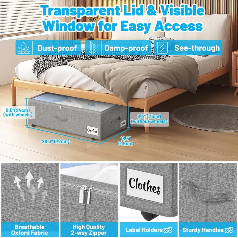 Kukikan Under Bed Storage with Wheels, 2-Pack 10" Height XXL 60L Rolling Storage Bins, Quick Assembly Underbed Shoe Storage Containers with Clear Lid & Label, Dorm Under bed Drawers for Clothes, Shoes, Grey - Image 3