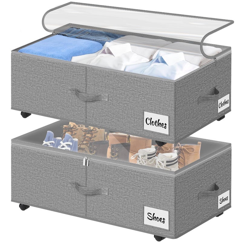 Kukikan Under Bed Storage with Wheels, 2-Pack 10" Height XXL 60L Rolling Storage Bins, Quick Assembly Underbed Shoe Storage Containers with Clear Lid & Label, Dorm Under bed Drawers for Clothes, Shoes, Grey - Image 1