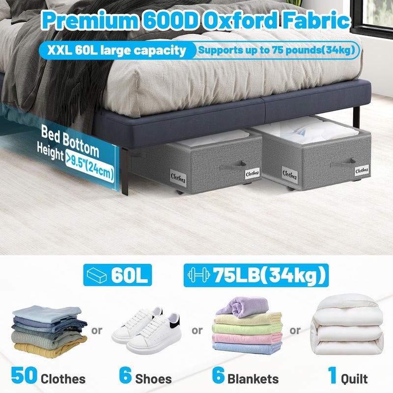 Kukikan Under Bed Storage with Wheels, 2-Pack 10" Height XXL 60L Rolling Storage Bins, Quick Assembly Underbed Shoe Storage Containers with Clear Lid & Label, Dorm Under bed Drawers for Clothes, Shoes, Grey - Image 2