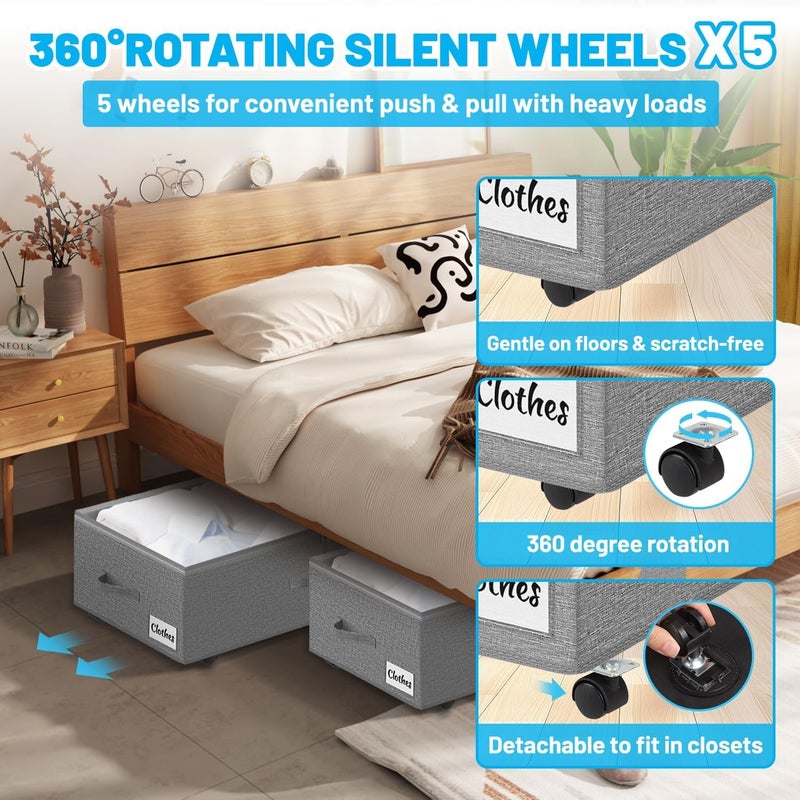 Kukikan Under Bed Storage with Wheels, 2-Pack 10" Height XXL 60L Rolling Storage Bins, Quick Assembly Underbed Shoe Storage Containers with Clear Lid & Label, Dorm Under bed Drawers for Clothes, Shoes, Grey - Image 4