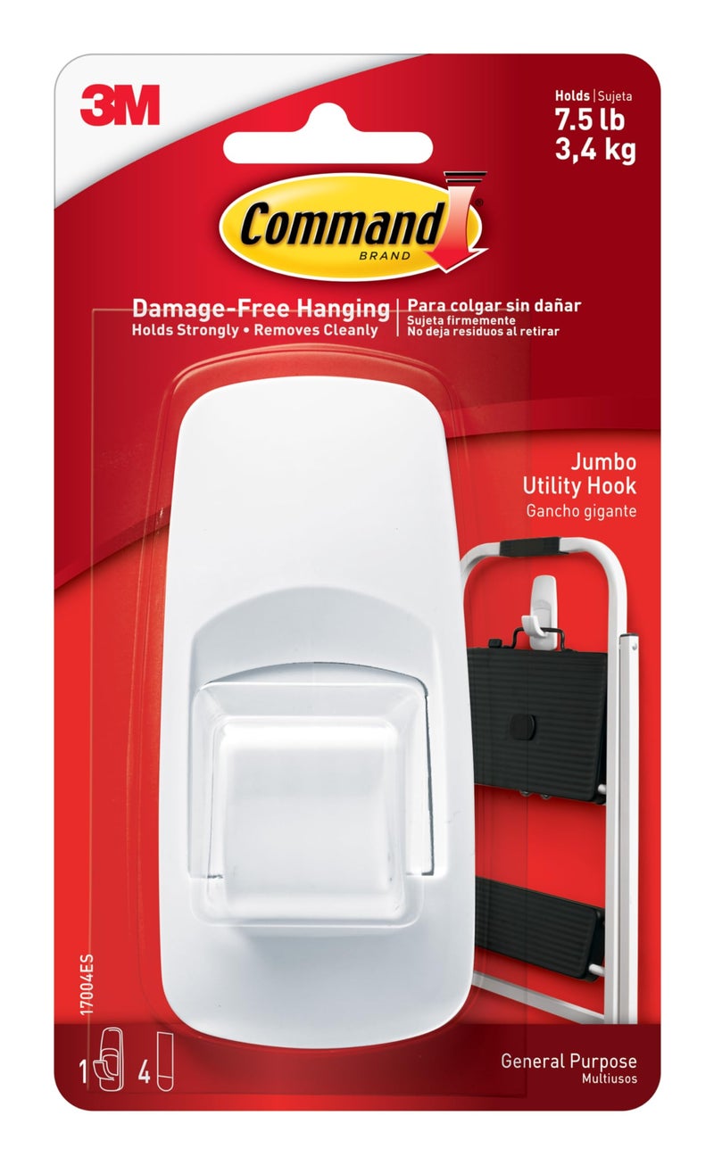 Command 7.5 lb Jumbo Utility Hook, 2 Hooks and 4 Strips, Damage Free Hanging Wall Hooks with Adhesive Strips, No Tools Adhesive Hooks for Hanging, Organization and Storage - Image 1