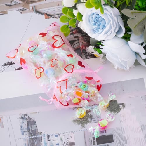 Bskifnn Love Heart Printed Valentine Candy Bags Organza Bags Gift Jewelry Bags for Wedding Valentine's Day Mother's Day Party 4 x 6Inch (100) - Image 4